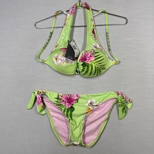 Vintage Athena Green Floral 2 Pc Underwire Bikini Sz 10 Y2K